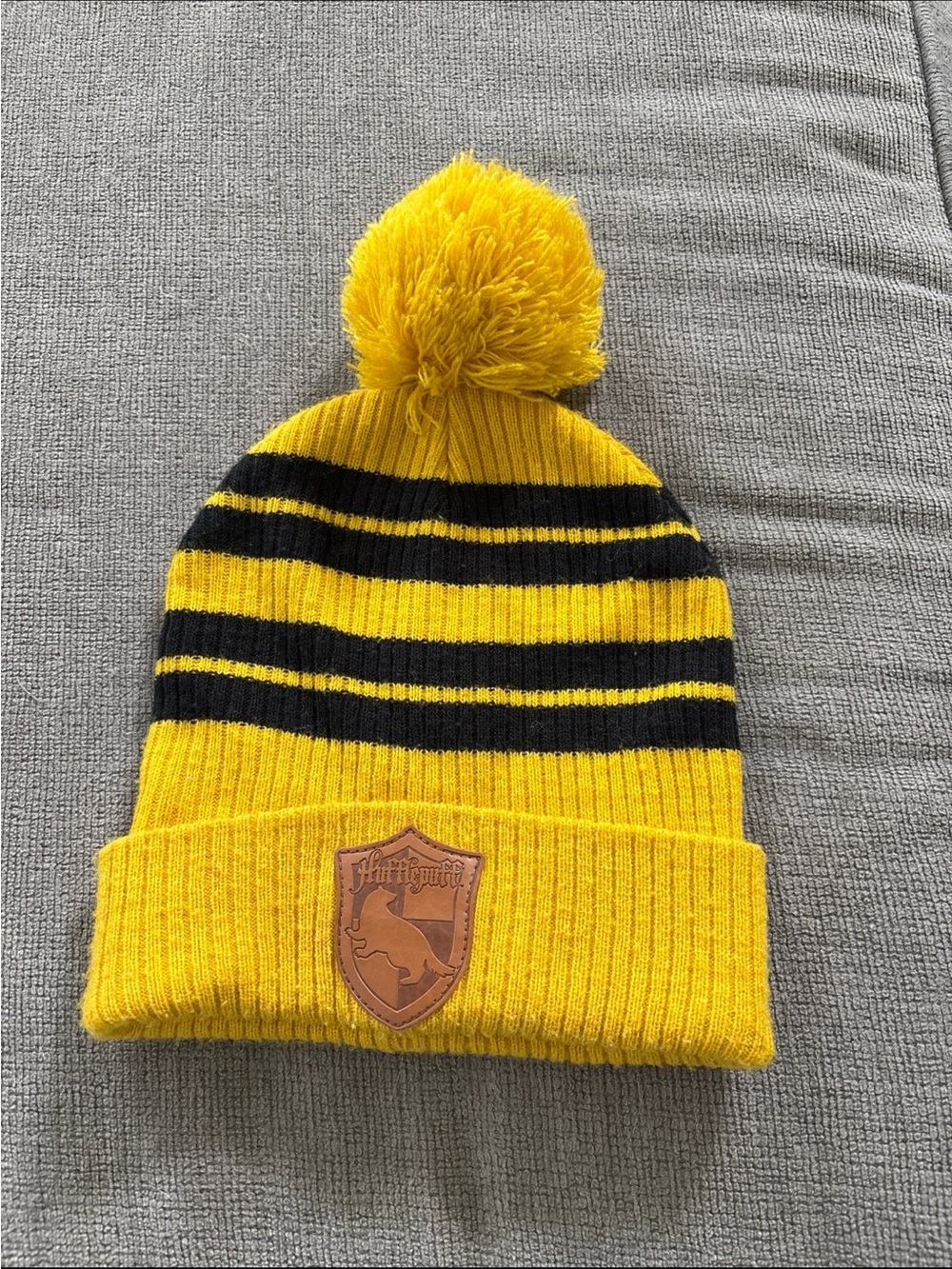 Harry Potter Hufflepuff Yellow and Black Striped Pom Beanie